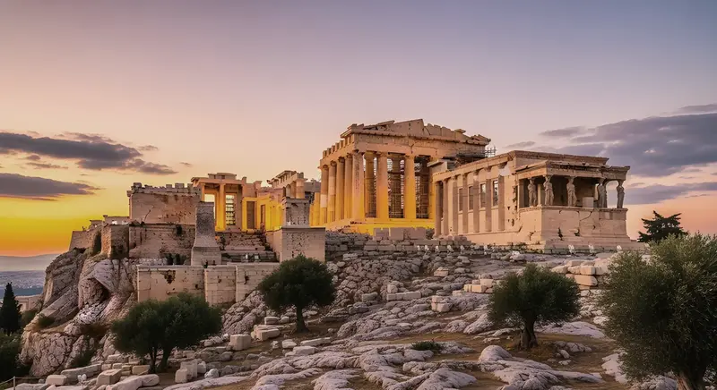 The Acropolis and Parthenon at golden hour in Athens Greece